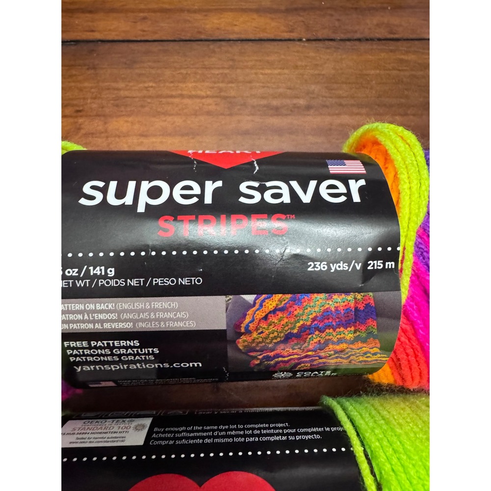 Red Heart Super Saver Stripes Yarn Bright Stripe 4970 Neon Rainbow 2 Skeins Lot - Picture 2 of 5